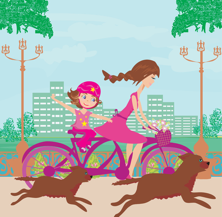 Mother and daughter biking illustration.のイラスト素材