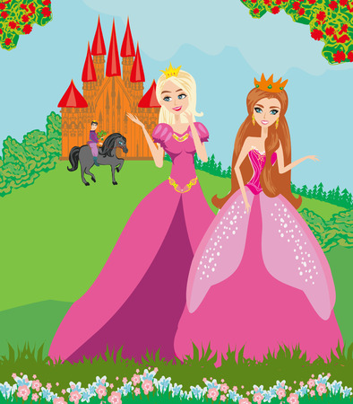 Prince on a horse and two beautiful Princessのイラスト素材