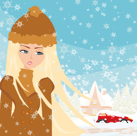 Female with car stuck in the snow.のイラスト素材