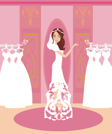 Happy bride on shopping on a colorful presentation.のイラスト素材