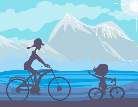 Mother and daughter biking Vector illustration.のイラスト素材