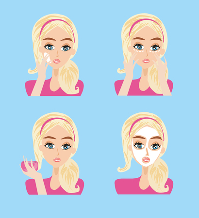Beautiful girl applying cream on her face.のイラスト素材