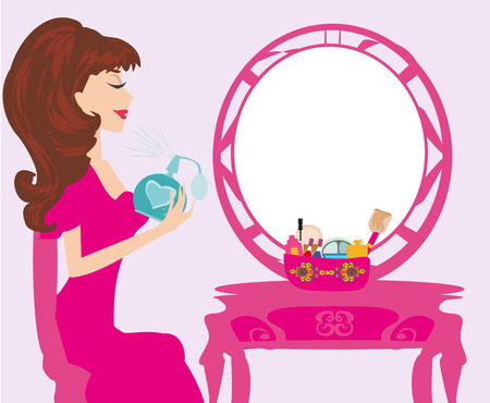 Young woman spraying perfume on herself illustration.のイラスト素材