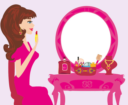 Beautiful woman putting lipstick on illustration.のイラスト素材