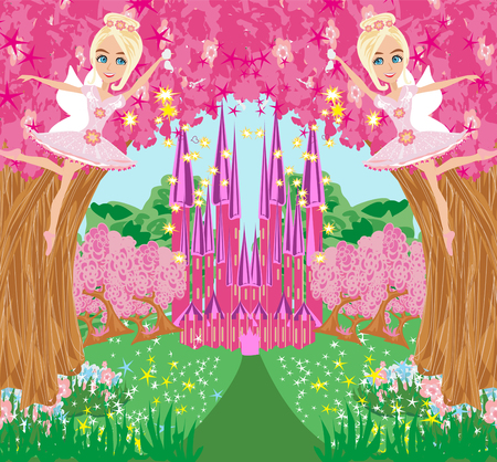 Fairy flying above castleのイラスト素材