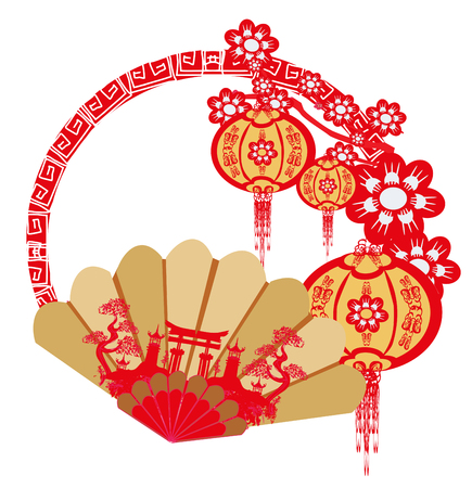 Chinese landscape and beautiful fanのイラスト素材