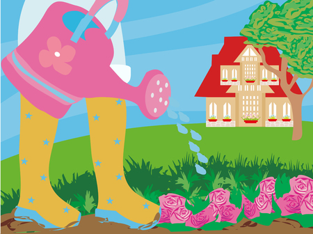 watering flowers in the gardenのイラスト素材