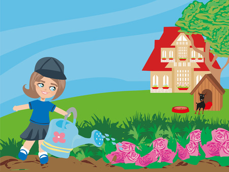 Sweet girl watering flowers in the gardenのイラスト素材