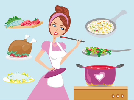 Housewife cooking dinnerのイラスト素材