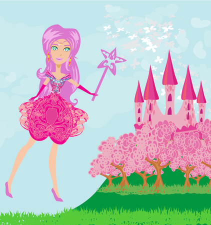 Fairy flying above castleのイラスト素材