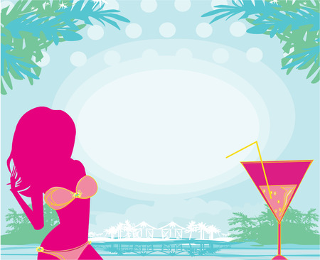 summer girl and coctail on the background of sea and palm treesのイラスト素材