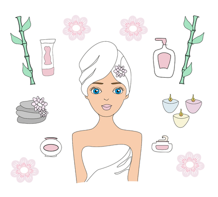 Beautiful woman spa treatment. Beauty procedures and wellness icons set のイラスト素材