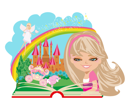 Little girl reading magic bookのイラスト素材