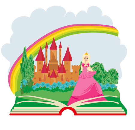 Beautiful princess in front of her castle, pop up book illustration.のイラスト素材