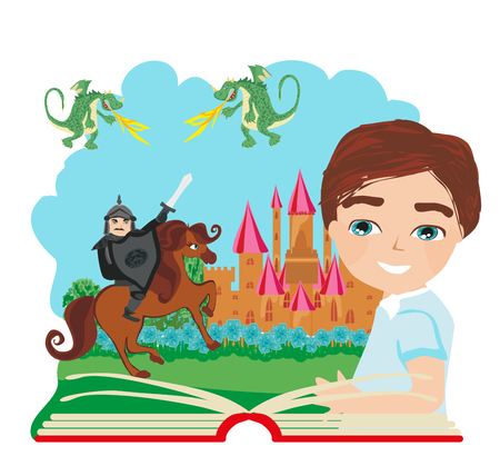 Boy reading magic book illustrationのイラスト素材