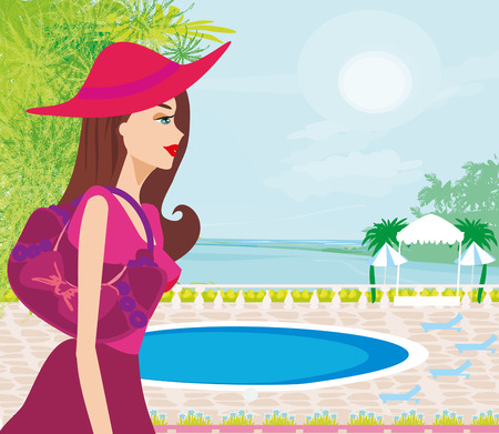 Elegant woman on tropical vacation Vector illustration.のイラスト素材
