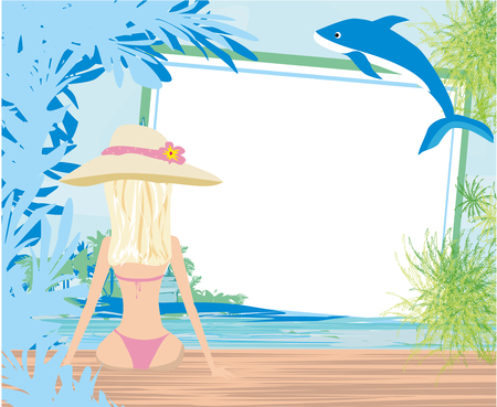 Summer girl on the background of sea and palm trees Vector illustration.のイラスト素材