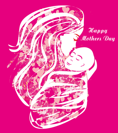 Happy Mother's Day card template with mother and child silhouette on pink background. Vector illustration.のイラスト素材