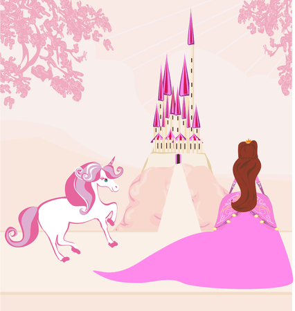 Beautiful young queen in front of her castleのイラスト素材