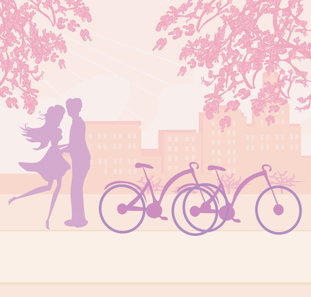 Silhouette of couple standing in the parkのイラスト素材