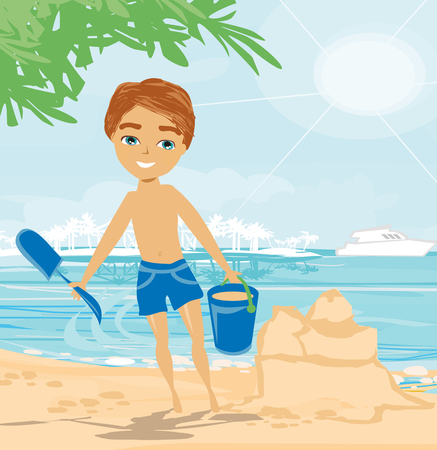 boy playing sand at tropical beachのイラスト素材