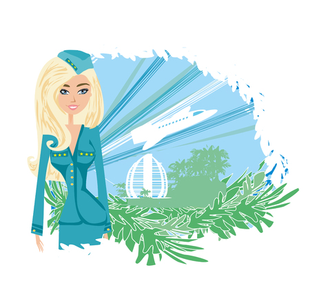 Beautiful stewardess with plane in back drop, abstract cardのイラスト素材