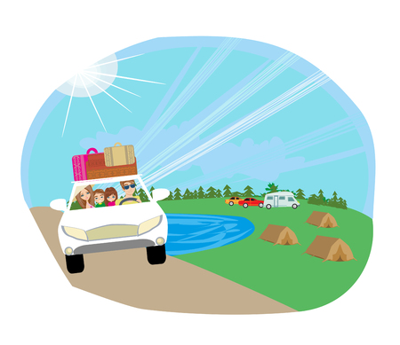 Family traveling in a car with grass and tent landscapeのイラスト素材