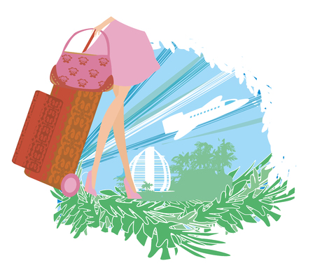 Travel girl with baggage and airplane back groundのイラスト素材
