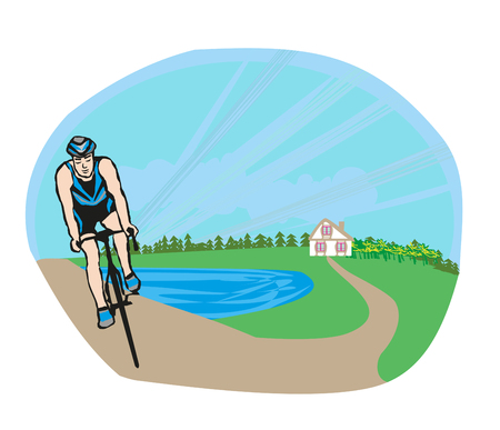 Cycling man on field landscapeのイラスト素材