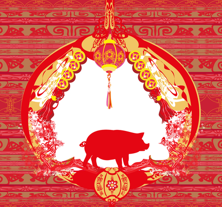 Chinese zodiac the year of Pig - frame Vector illustration.のイラスト素材