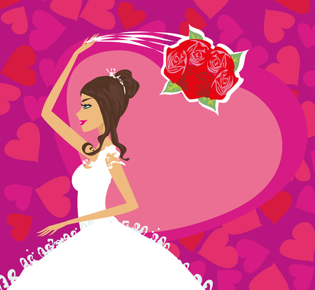 Bride throws her wedding bouquet, card illustration.のイラスト素材