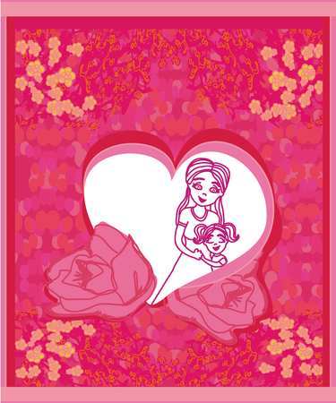 Happy Mothers Day card, with mother and daughter illustration inside heart.のイラスト素材