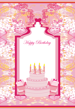 Happy Birthday abstract greeting card with cake and floral frame.のイラスト素材