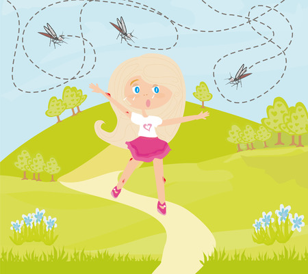 Girl runs away from mosquitoesのイラスト素材