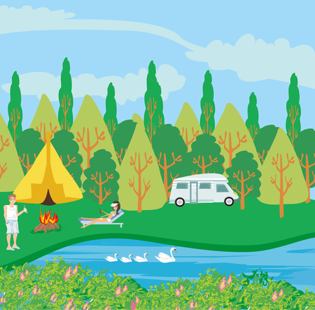 campsite by the river concept vector illustrationのイラスト素材