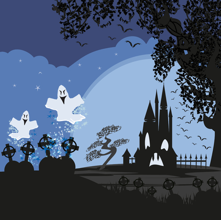 Halloween landscape with ghostly figure and cemeteryのイラスト素材