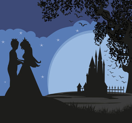 Magic castle and princess with princeのイラスト素材