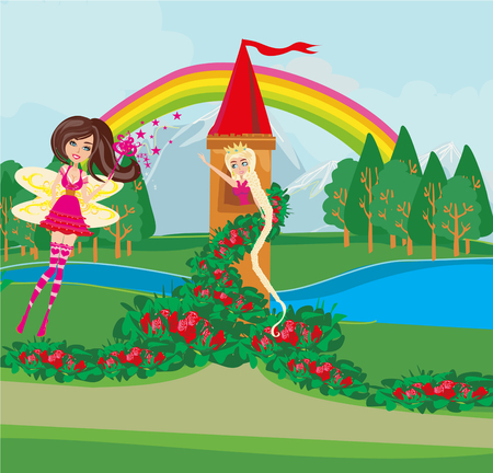 Landscape with fairytale tower and beautiful princessのイラスト素材