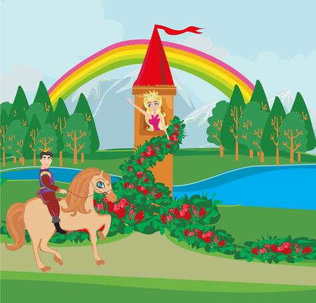 Landscape with fairytale tower and prince on a horseのイラスト素材