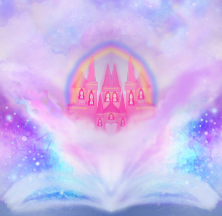 Magic world of tales, fairy castle appearing from the bookの写真素材