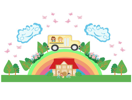 School bus with happy children - cardのイラスト素材