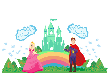 Magic castle and princess with princeのイラスト素材