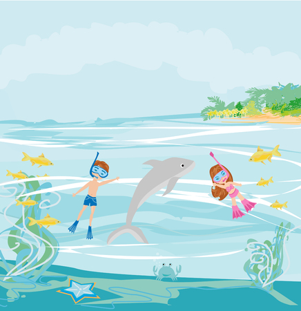 girl and boy are diving with a dolphinのイラスト素材