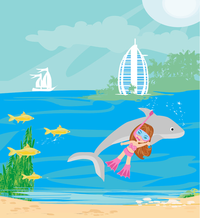 Little girl diving with a dolphinのイラスト素材