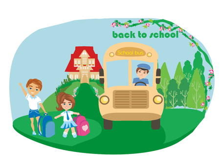 Happy kids go to schoolのイラスト素材