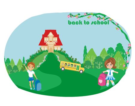 Happy kids go to schoolのイラスト素材