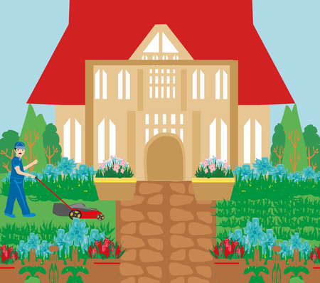 Man mowing the lawnのイラスト素材