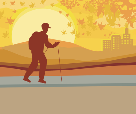 Nordic walking - active man exercising outdoorのイラスト素材