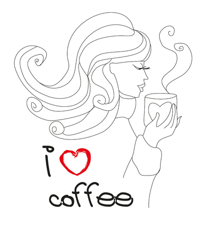 I love coffee card - girl with cup of coffeeのイラスト素材