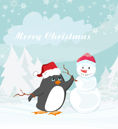 Merry Christmas card with penguin and a snowmanのイラスト素材